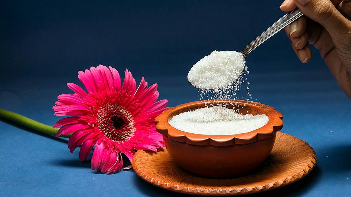 A spoon held by a hand is pouring white sugar into a small, brown clay bowl. Some of the sugar is spilling out. A vibrant pink gerbera daisy is lying next to the bowl on a clay saucer. The background is a solid, dark blue.