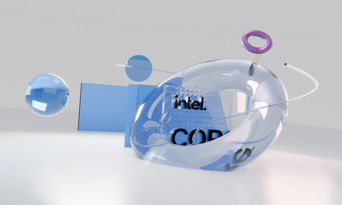 Transparent orb with intel core and abstract blue geometric shapes.
